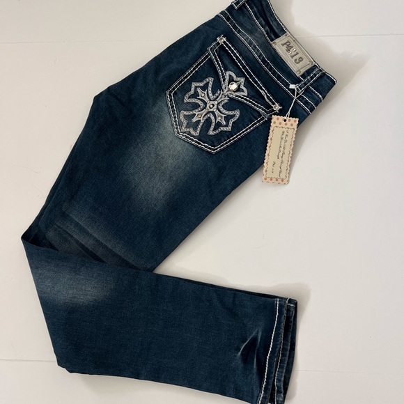 P4:13 Denim - NWT P4:13 35 Cross Rhinestones Stitched Straight Leg Jeans Western Cowgirl